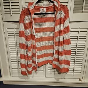 Quacker Factory Coral and White Striped Cardigan